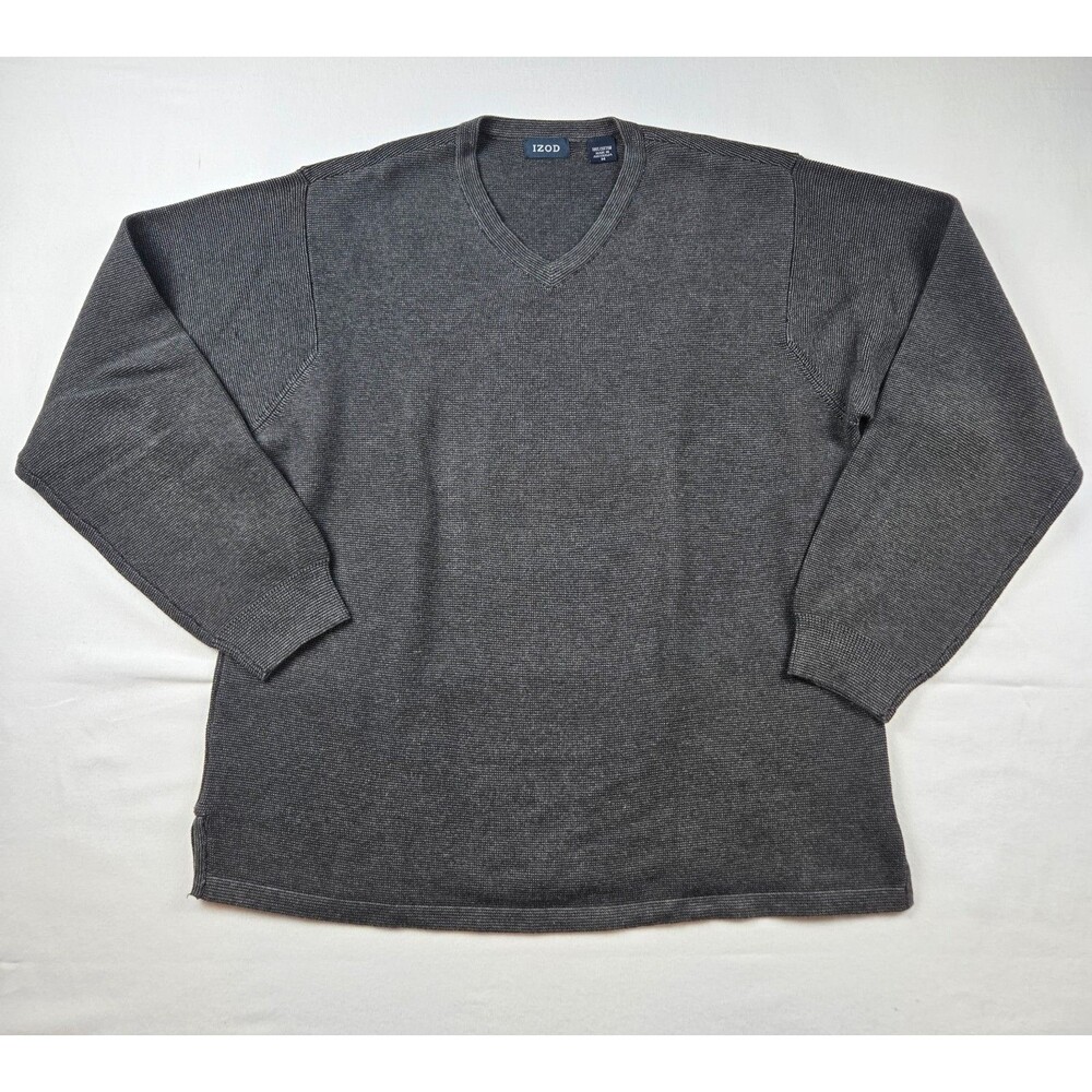 IZOD Men’s Dark Gray V-Neck Sweater 100% Cotton Textured Knit Casual Pullover
